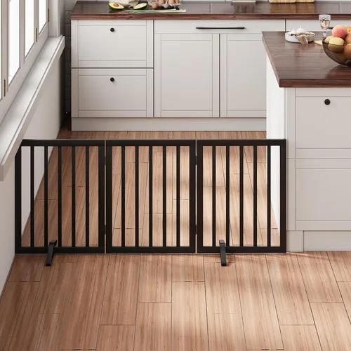 Vista 2 de Puerta plegable negra para mascotas de 18-55 pulgadas para escaleras y puertas, valla de puerta para cachorros