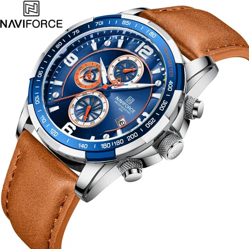 Vista 2 de NAVIFORCE Relojes de cuarzo para hombre cronógrafo correa de cuero diseño deportivo de negocios impermeable resistente a los arañazos regalos