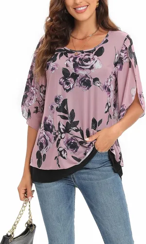 Vista 3 de Blusas de malla de manga 34 con volantes, cuello redondo, elegante, fluida