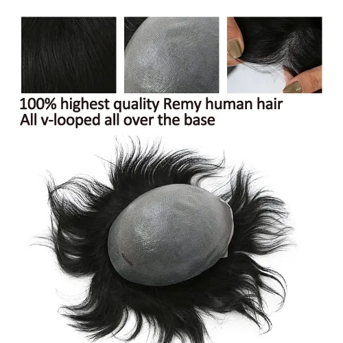 Vista 2 de toupee tupé para hombres 0.002 in ultra suave, transparente, piel fina, toda línea capilar natural con bucle en V para hombre, pelucas de sistemas