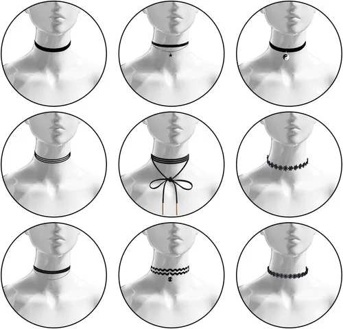 Vista 3 de Conjunto de collares gargantillas Outee, 9 piezas, color negro, gargantillas tatuaje de encaje para mujer