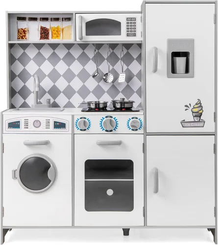 Vista 10 de Costzon Juego de Cocina para Niños, Set de Juego de Cocina de Madera de Simulación con Estufa, Refrigerador, Microondas, Fregadero Removible