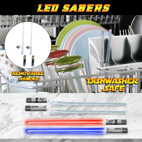 Vista 5 de Lightsable - Palillos de sable de luz LED con luz LED de Star War, sables de luz reutilizables, mango extraíble, apto para lavavajillas, caja