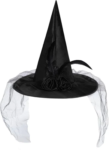 Vista 16 de Zando Sombreros de bruja de encaje para mujer, accesorios de disfraz de Halloween, accesorios de disfraz de bruja plegables para colgar