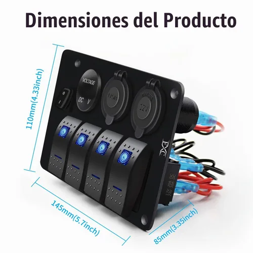 Vista 5 de Panel de Interruptor Basculante de Barco Marino de 4 Posiciones, Color Azul, Interruptor de Palanca Impermeable con Ahorro de Energía para Camión
