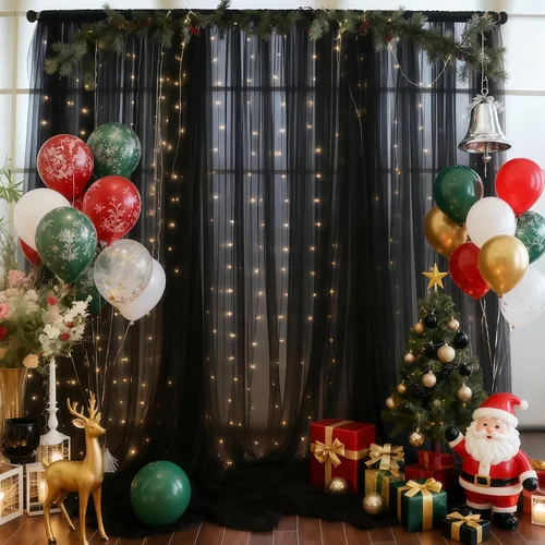 Vista 2 de Cortina de telón de fondo de tul negro de 10 x 10 pies con cadena de luces para fiestas, cortinas de fondo de fotos transparentes para bodas