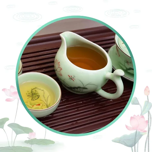 Vista 5 de Hotumn Celadon Juego de té de porcelana hecho a mano con tema de loto, tetera de porcelana cubierta taza de té Gongdao taza de China