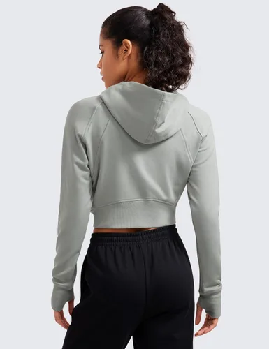 Vista 2 de CRZ YOGA Sudadera corta con capucha y cremallera completa para mujer, para entrenamiento, atlética, casual, manga larga, con agujeros para el pulgar
