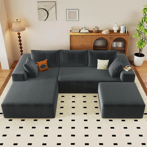 Vista 24 de Sofá modular Cloud de 95 pulgadas con otomana, moderno sofá nube en forma de U con asiento profundo, cómodo sofá de pana de 3 plazas, sofá de espuma