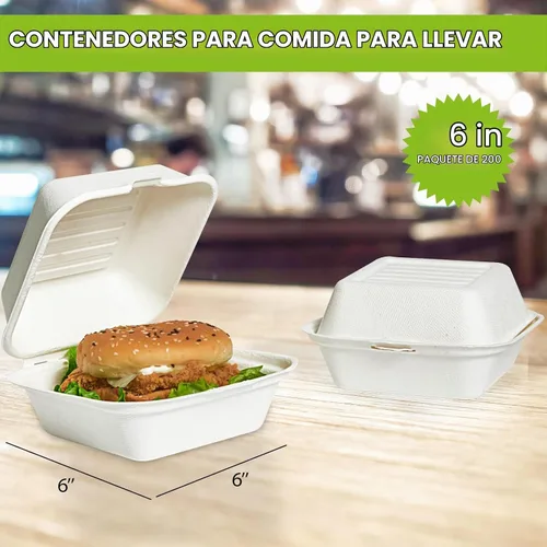 Vista 5 de Paquete de 200 recipientes de comida para llevar, 100% compostables, desechables, cajas de 6 x 6 pulgadas para ensalada, tartas, sándwiches