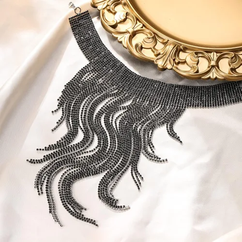 Vista 5 de Flyonce - Collar con diamantes de imitación para mujer, gargantilla con borla estilo pechera, joyería para fiesta formal