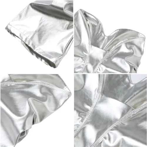 Vista 4 de LROSEY Pantalones metálicos para mujer, hipster, de piel sintética, con cintura en V, apilados, Metálico