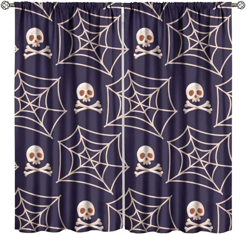 Vista 11 de Cortinas opacas de tela de araña aterradora para niños, tela de araña en blanco y negro, fondo rojo, dormitorio de niños, guardería, decoración