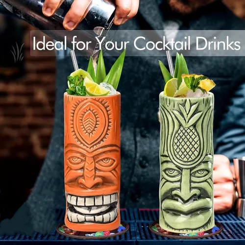 Vista 5 de SuproBarware Tiki - Juego de 2 tazas de cóctel hawaianas grandes con pajitas y posavasos, lindos vasos de cóctel exóticos para fiesta Tiki Bar