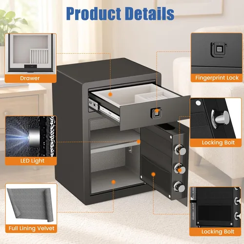 Vista 5 de 2.4 Cu Ft Small Safe Box Fireproof Waterproof -Home Safe with Biometric Fingerprint Drawer & Removable Shelf, Dual Alarm System,Gun Safe for