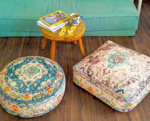 Vista 7 de Funda de almohada marroquí para suelo, color azul, redondo, estilo bohemio, decoración de habitación, zona de estar marroquí, puf otomano perfecto