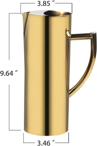 Vista 2 de Jarra de agua de acero inoxidable para restaurante, boca plana, jarra de bebidas de metal, 47 onzas, jarra de té pulida con espejo, dorado MUGLIO Oro
