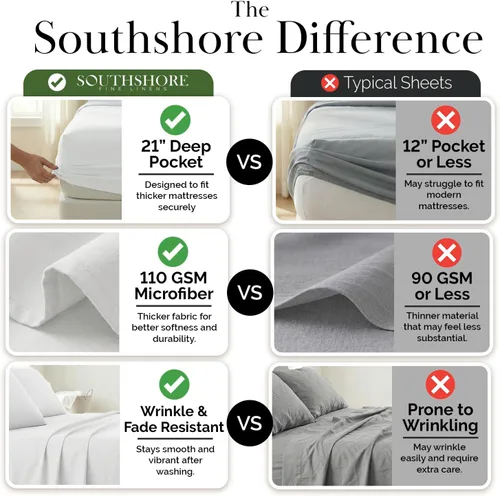 Vista 4 de Southshore Fine Living, Inc. Juego de sábanas de 4 piezas, 21 pulgadas de profundidad con sábana bajera, microfibra suave, sábana encimera de gran
