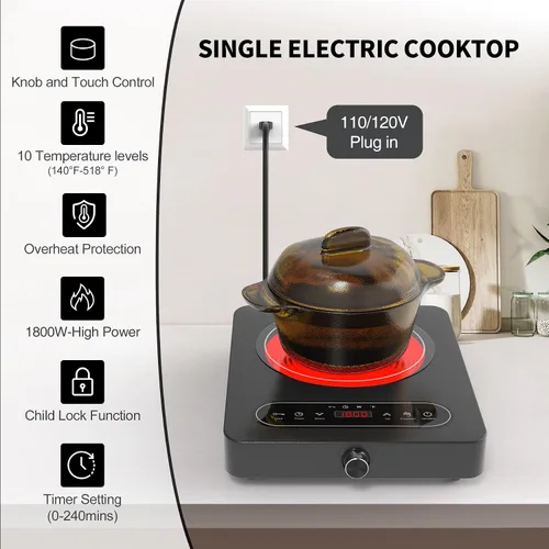 Vista 3 de VBGK Cocina eléctrica de un solo quemador, 110 V 1800 W con controles táctiles LED y controles de perilla, 10 niveles de potencia, temporizador de 4