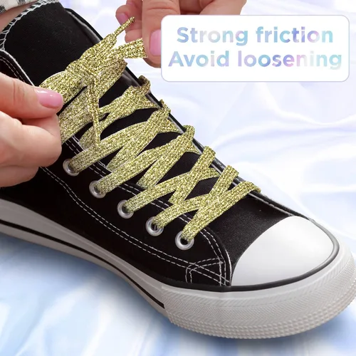 Vista 4 de MOTZU 2 pares de cordones planos con purpurina de 45 pulgadas para zapatillas de lona atléticas, cordones brillantes para zapatos de niños