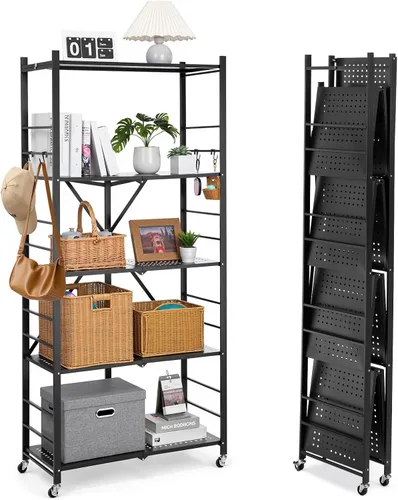 Vista 22 de VEVOR Estantería plegable de 4 niveles, estante de almacenamiento de metal plegable de 26 pulgadas de ancho x 13 pulgadas de profundidad x 46 Negro