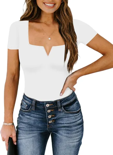 Vista 2 de Chunpin Women's Sexy Square Neck Notch V Neck Short Sleeve Bodysuit Tops Thong Bodysuit
