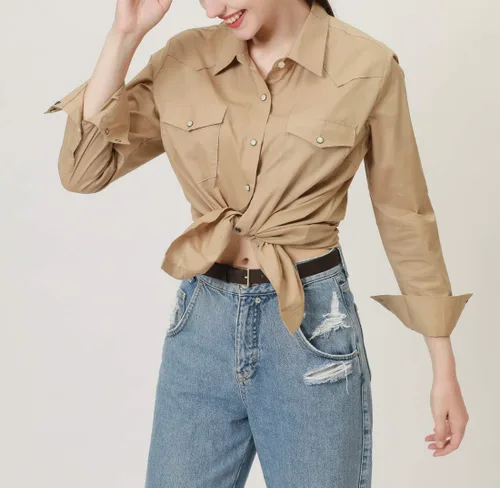 Vista 5 de PASHARTUK Camisas occidentales para mujer, camisas de manga larga de algodón para mujer con botones a presión, camisas a cuadros para mujer Beige