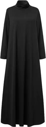 Vista 5 de Vestido largo casual para mujer, de manga larga, cuello falso, vestido de Ramadán musulmán Abaya, vestido maxi fluido, vestido de noche islámico