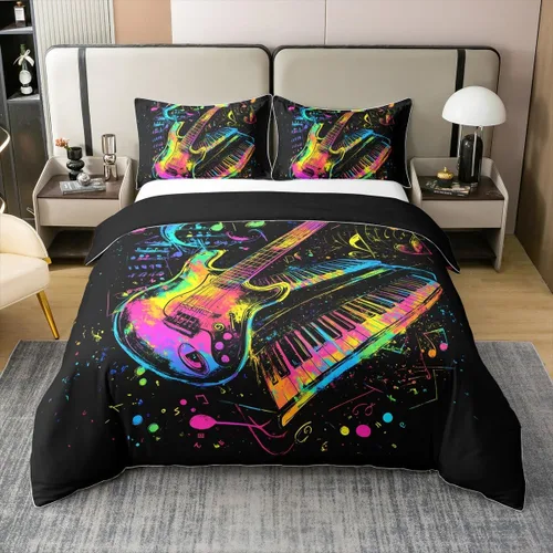Vista 32 de Juego de funda de edredón de 100 % algodón con diseño de botas de vaquero para niños y niños, funda de edredón con estampado de notas musicales