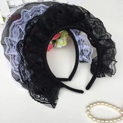 Vista 4 de Lolita - Diadema de encaje con volantes y encaje multicapa, diadema de encaje de malla, tocado dulce de criada, accesorios para el cabello