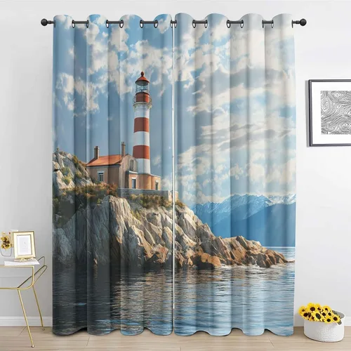 Vista 14 de Cortinas de faro costero de 54 pulgadas de largo, 2 paneles, cortinas opacas con ondas de vela para decoración de dormitorio, sala de estar, Negro