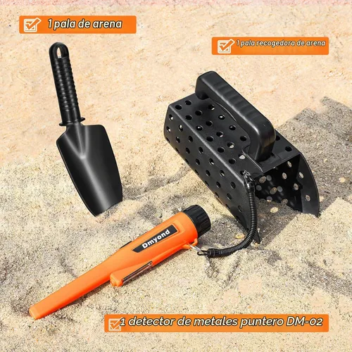 Vista 2 de Detector de Metales Dmasters Pinpointer y accesorios, totalmente impermeable, 3 modos Handheld Pin Pointer Wand for Adults & Kids, Includes Sand