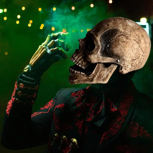 Vista 2 de Máscara de calavera con mandíbula móvil para Halloween, espeluznante esqueleto de látex, máscara de cabeza completa para adultos, disfraces de fiesta