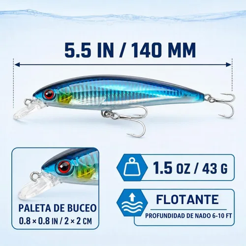 Vista 2 de Saltwater Trolling Lures, Floating Diving Minnow Baits A01-6PCS/1.5OZ-5.5