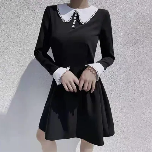 Vista 5 de Ropa de primavera para mujer, con temperamento de moda, cuello blanco y negro, vestido midi de manga larga 2023