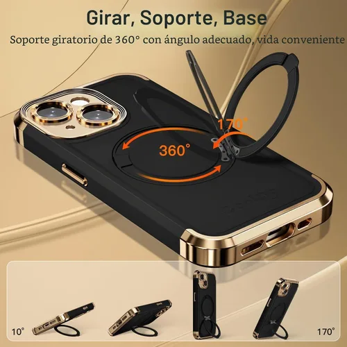 Vista 3 de COOLQO - Funda para iPhone 13 de 6.1 pies, soporte magnético giratorio de 360°, color negro y dorado