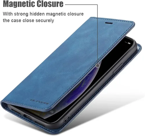 Vista 4 de QLTYPRI Funda tipo cartera para iPhone XR, 3 tarjeteros, color azul