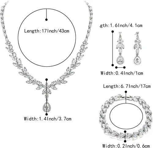 Vista 4 de BriLove Juego de joyas para mujer, diseño de lágrima brillante con circonita cúbica, collar y aretes colgantes de hoja, para novia, dama de honor