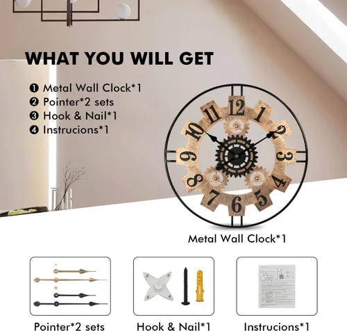 Vista 3 de Reloj de pared grande para sala de estar, número arábigo Gold Gear Negro dorado