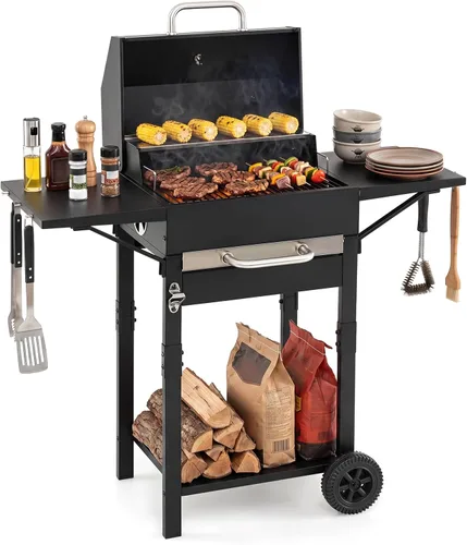 Vista 11 de Happygrill Barrel Charcoal Grill con mesa auxiliar plegable y 2 ruedas