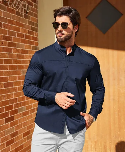 Vista 3 de COOFANDY Camisas de vestir para hombre, con cuello de banda, manga larga, casuales, con botones