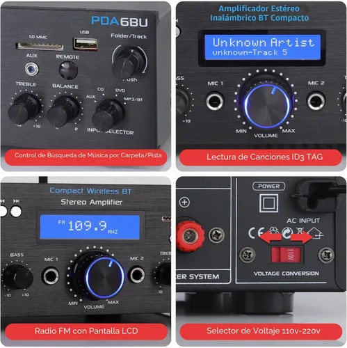 Vista 5 de Pyle PDA6BU.7 - Amplificador de potencia Bluetooth - Receptor estéreo de doble canal de 200 W con karaoke fácil - Micrófono con Echo, reproductor