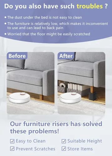Vista 3 de Paquete de 4 elevadores de cama de 4 pulgadas resistentes, elevadores de muebles para dormitorio, tamaño individual XL, mesa, sofá, armario, marco
