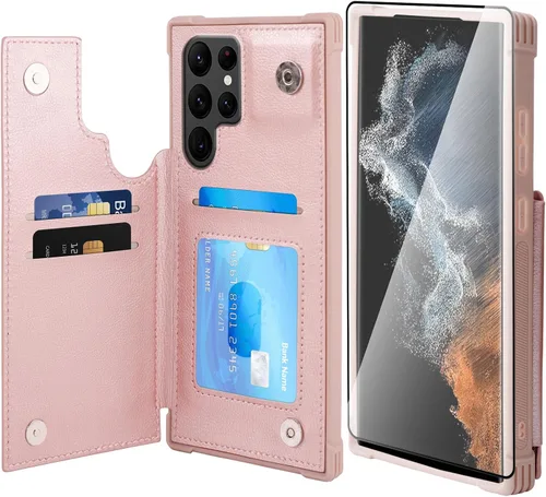 Vista 28 de VANAVAGY Funda tipo cartera compatible con Galaxy S22 con soporte para tarjetas de bloqueo RFID, piel sintética, cierre magnético, función atril