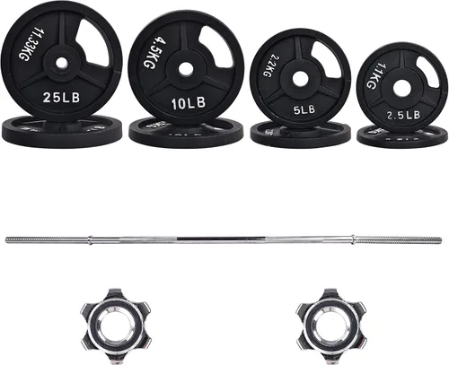 Vista 6 de Fitvids Placas de peso estándar de hierro fundido que incluyen barra estándar de 5 pies con cerraduras de estrella, juego de 95 libras