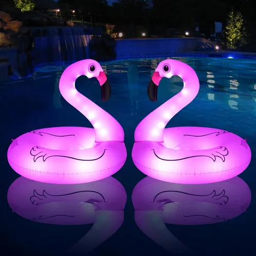 Vista 8 de Inflatable Flamingo Pool Floats with Lights, FlyfreeU Solar Powered Pink Pools Flamingo Float Rings, 42'' Lake Beach Floaties Swimming Rings Summer