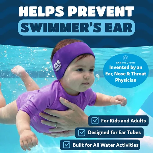 Vista 2 de Vinchas de natación EAR BAND-IT, tamaño PEQUEÑO (de°1°a°3°años), inventado por un médico. Mantiene el agua fuera y los tapones de oído en su lugar.