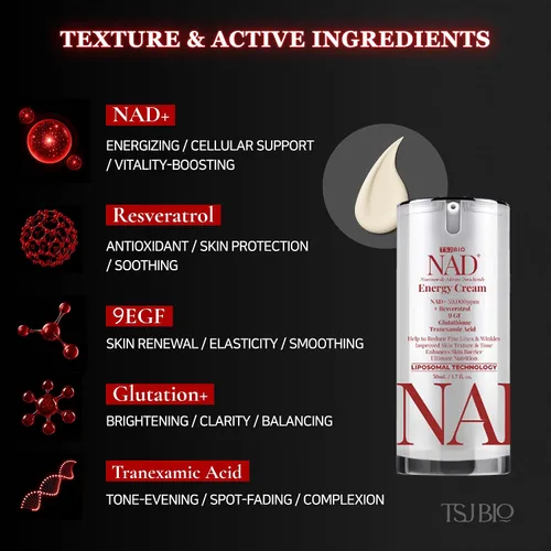 Vista 2 de Crema revitalizante energética NAD+ - Hidratante diario premium con NAD+ 50,000PPM, resveratrol y complejo de 9 factores de crecimiento