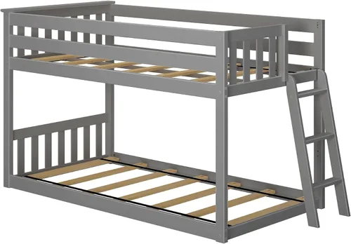 Vista 4 de Max & Lily - Litera baja, base de cama individual sobre individual para niños con escalera al final, color gris