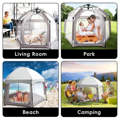 Vista 7 de Palopalo Corralito desplegable para bebés con toldo y alfombrilla UPF50+, corral plegable para interiores y exteriores para bebés y niños pequeños